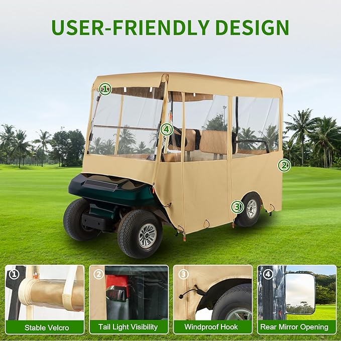 Tecoom Golf Cart Enclosure 2/4/6 Passenger, Golf Rain Cover 600D Waterproof Snowproof, Door Zippers, Clear Windows and Windproof Hooks, Universal Fit for EZGO, Yamaha, Club Car