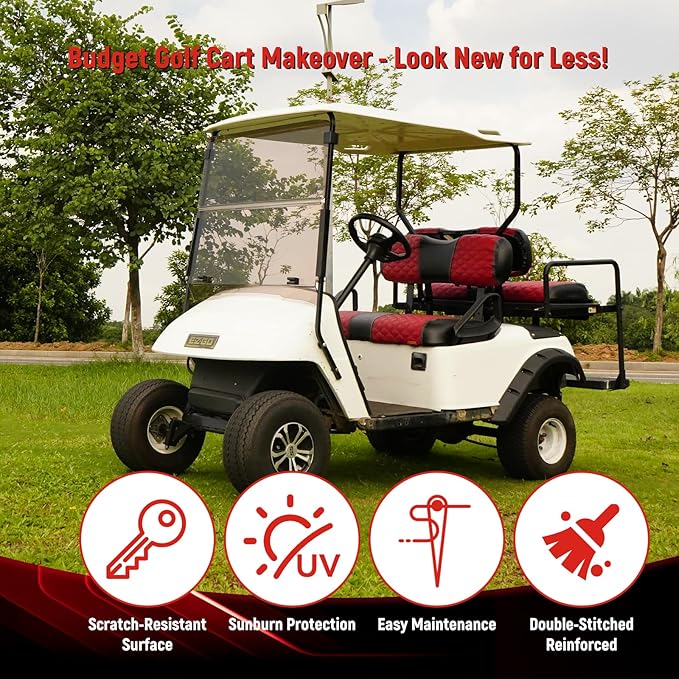 Golf Cart Seat Covers Front and Rear Waterproof and Sun Resistant Marine Grade Vinyl Leather Seat Cover Accessories for EZGO TXT 1994-2013, Deep Red(4PCS)
