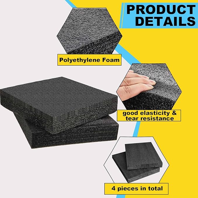 Treela 4 Pcs Customizable Polyethylene Foam Sheets 16x12x3" Black Thick Cuttable Foam Padding Inserts for Cases, Polyethylene Block Sheets for Packing Toolbox Storage and Craft Pad