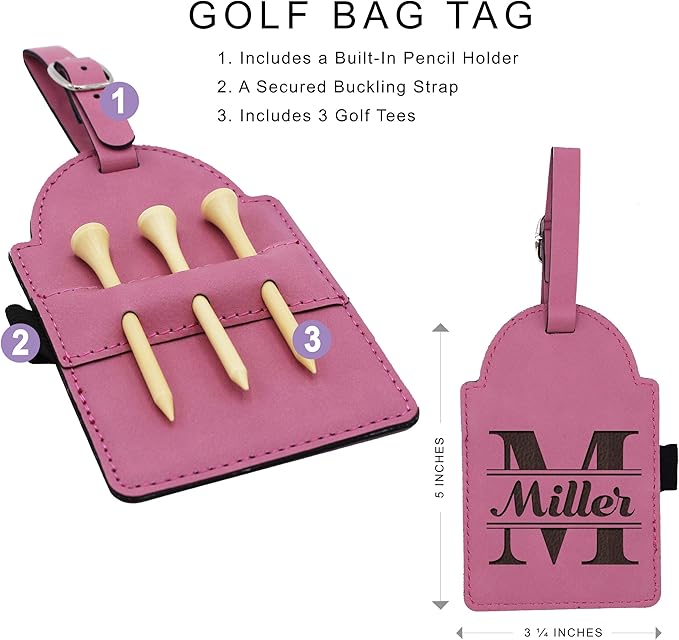 Custom Engraved Golf Luggage and Bag Tag - Personalized Golfing Accessories Gift for Golfer, Mom, Dad, Him, Her (Pink)