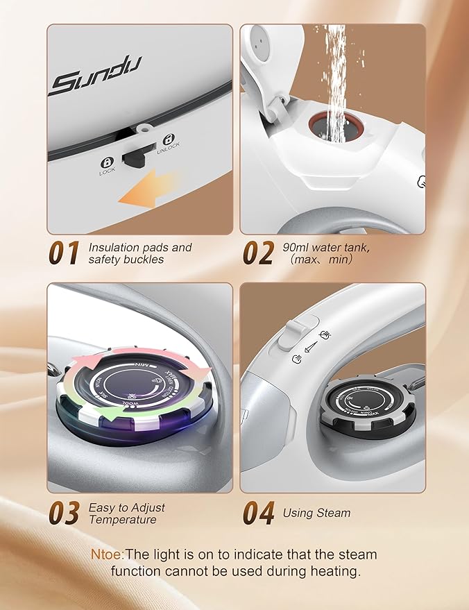 Sundu Small Iron for Clothes with Steam,Travel Iron Portable Non-Stick Soleplate Steamer for Quilting & Sewing,300 Microsteam Holes,90ml Water Tank,Lockable Safety Base-Silver