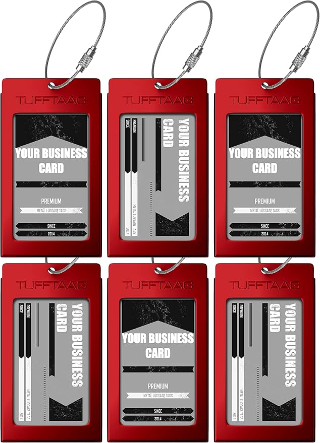 Luggage Tags Business Card Holder - 6 Pack Metal Tags, Red, Rectangular, Aluminum Alloy, 2.35" x 4.15" x 0.15", Perfect for Suitcases, Backpacks, and Carry-Ons