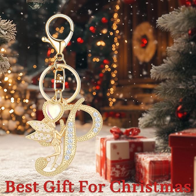 Gold Plated Alphabet Initial Letter Keyring Keychain for Women Girls Crystal Key Chains for Wallet Backpack Bag Charm