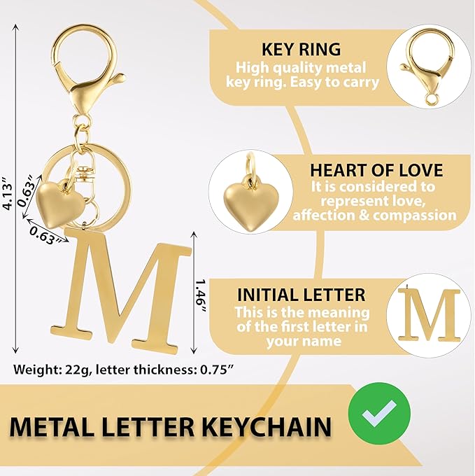 Metal Heart Alphabet Keychain for Women, Girls - Cute Initial Letter Accessories for Purse, Bag Charms and Backpack