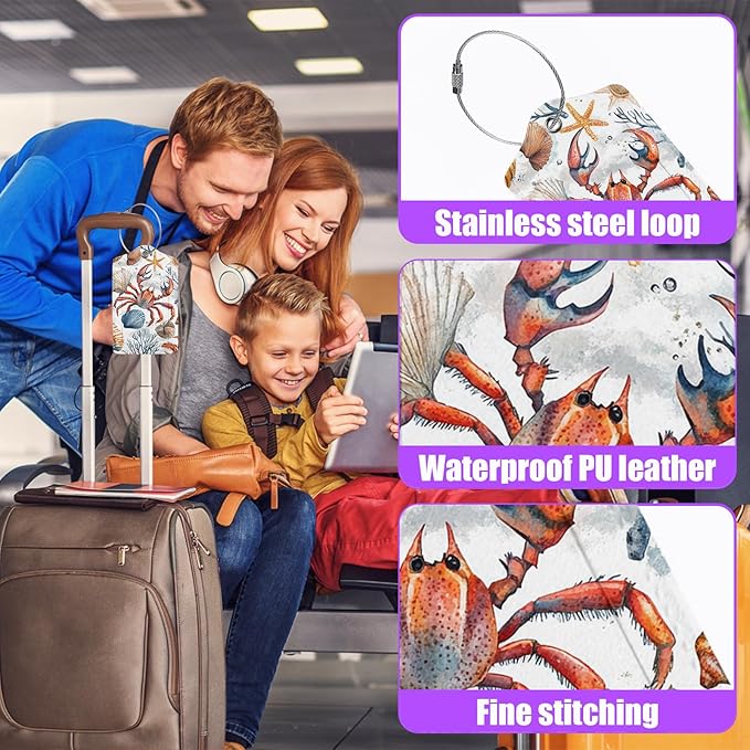 3 Pack Beach Coral Seashells Luggage Tags for Suitcase Crab Turtle PU Leather Travel Luggage Tag Privacy Cover ID Label for Women Men Baggage Backpack Handbag School Bag