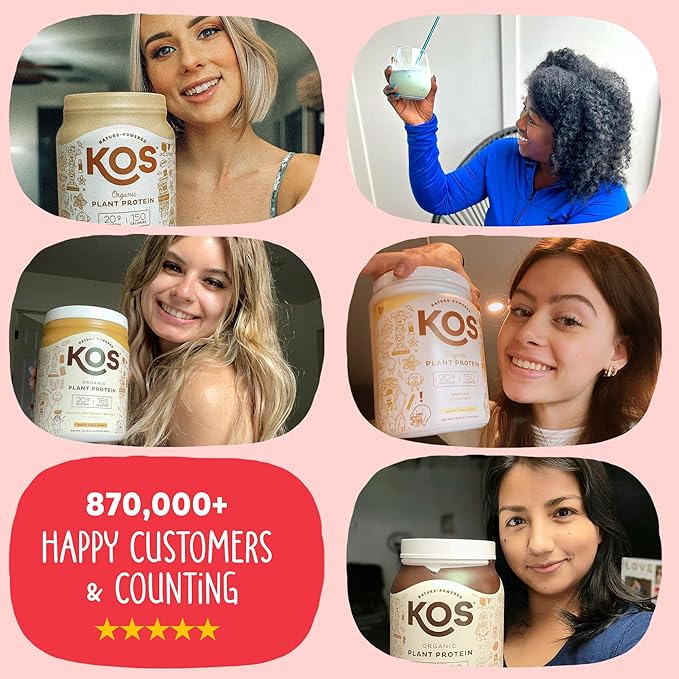 KOS Vegan Protein Powder, Strawberries & Cream USDA Organic - Low Carb Pea Protein Blend, Plant Based Superfood with Vitamins & Minerals, Gluten Free - Meal Replacement for Women & Men - 28 Servings