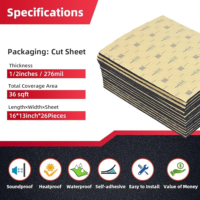 Sound Deadening Mat 1/4inch(7 mm) 36.94sqft - Closed Cell Foam Car Sound Deadening Material - Self-Adhesive Hood Insulation Heat Shield Auto Sound Dampening