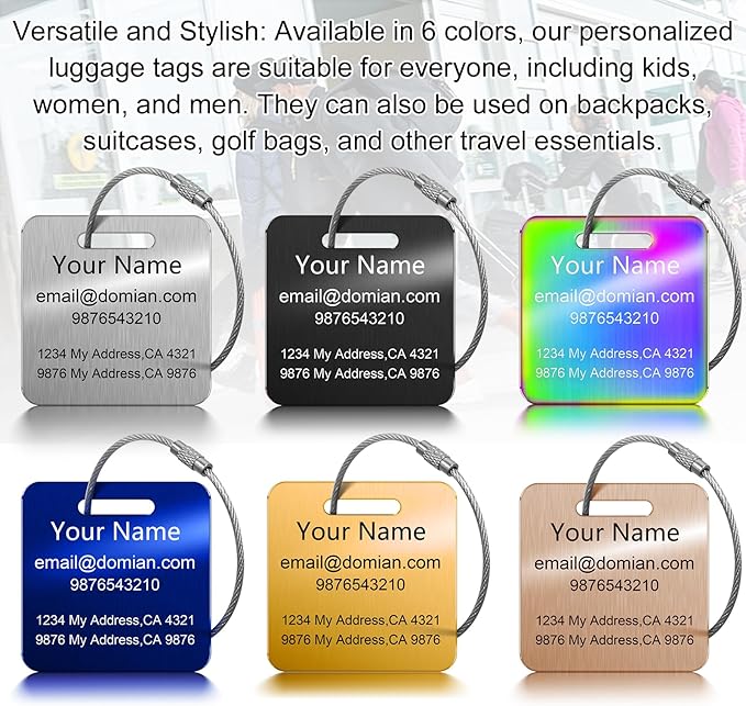 Stainless Steel Personalized Luggage Tags for Suitcases - Custom Name ID Travel Tags for Luggage, Backpacks and Bags - Metal Travel Essentials Accessories for Kids, Women and Men - Bulk Set (2 Pack)