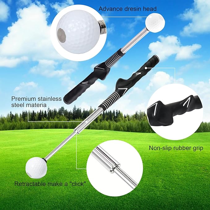 Retractable Golf Swing Trainer - Golf Swing Training Aid, Non-Slip Golf Grip Trainer, Strength & Tempo Training, Golf Alignment Sticks & Arm Band, Indoor Outdoor Golf Swing Practice