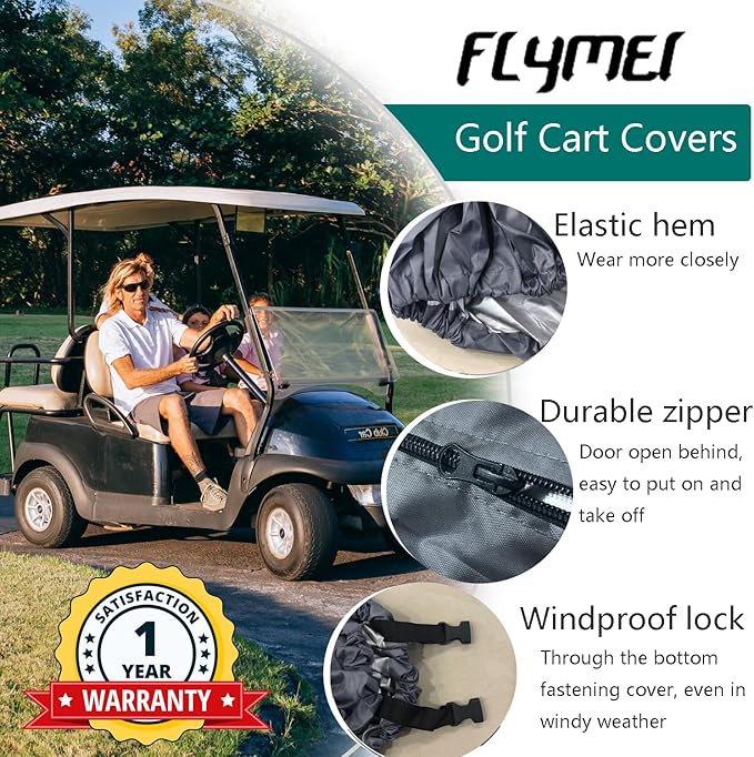 FLYMEI Golf Cart Cover Waterproof, 420D Fabric Universal Fits for Most Brand 2/2+2/4/4+2 Passengers Yamaha, Honda, Club Car, EZGO Golf Cart