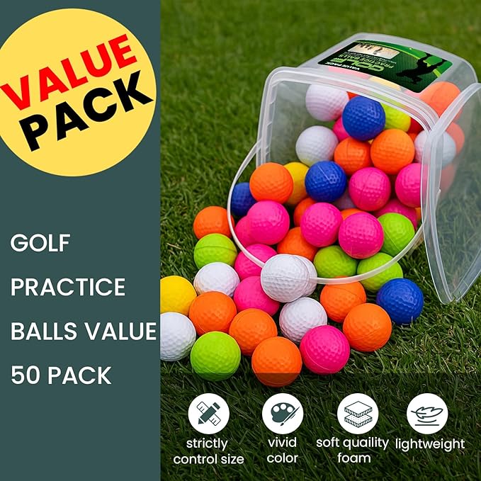 FINGER TEN Golf Practice Balls with Bucket Value 50 Pack, Soft Foam with Limited Flight for Safe Practice, Orange Yellow Pink Bright Colors for Indoor Outdoor Backyard Pool Use