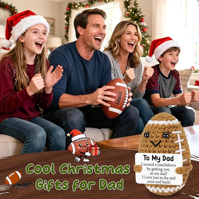 Dad Gifts from Daughter Son Wife, Positive Handmade Crochet Dad Christmas Birthday Gift, Funny Cute Small Gifts for Dads, I Love You Girl Papa Gift Idea, Unique Doll for Step-Dads Football