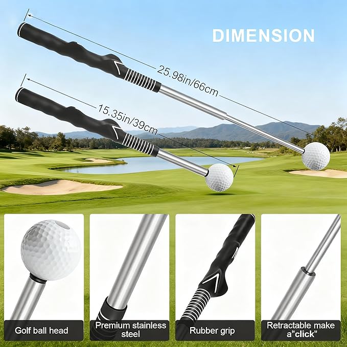 Retractable Golf Swing Trainer with Click Stick - Right-Handed Golf Grip Trainer & Swing Training Aid for Rhythm and Tempo Practice