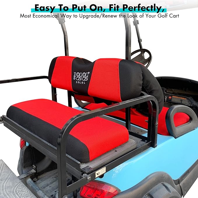 10L0L Golf Cart Front and Rear Seat Cover Set for Club Car DS/Precedent/Onward/Tempo & Yamaha G29 /Drive 2,Stylish 4 Passenger Front Back Seat Covers,Breathable Washable Polyester Mesh (Black/Red)