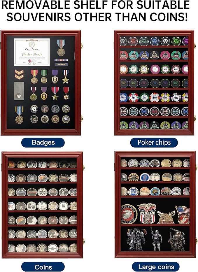 7 Rows Challenge Coin Holder Display Case with HD Tempered Glass Holds 100 coins, Wall-Mountable Military Shadow Box Cabinet with Removable 2-Groove Shelves for Medals and Casino Poker Chips, Mahogany