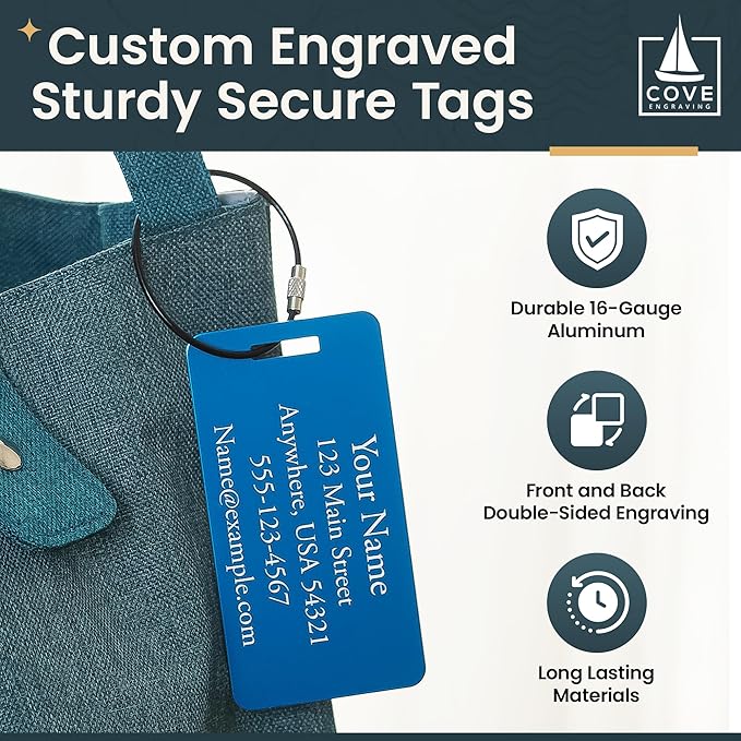 Two Custom Engraved Aluminum Luggage Tags (Blue)