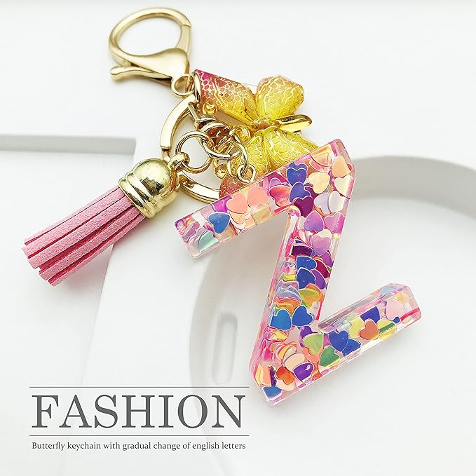 JINGUAZI Initial letter Keychains for Women Tassel Butterfly Pink Purple Cute Car Keychain for Wallet Backpack bag charm