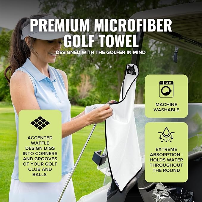 Stripebird - Magnetic Golf Towel (White) - Microfiber Golf Towel with Built-in Ultra-Strong Neodymium Magnetic Towel - 18" x 18" Golf Bag Towel