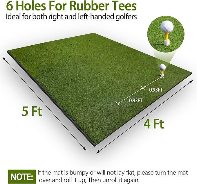 Golf Mat 5x4ft for Indoor Outdoor Use, 26mm Thick with Anti-Slip Base & 6 Tee Holes, Easy to Store High-Elasticity Hitting Mat Includes Practice Balls and Tees