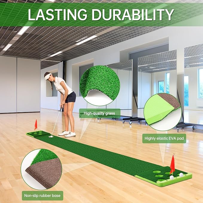 Golf Putting Game Set with Front Border for Indoor & Outdoor,Golf Putting Green Mat Include 4 Balls,1 Portable Bag,2 Flags&Cups,Practice Training Aid for Backyard,Party,Office