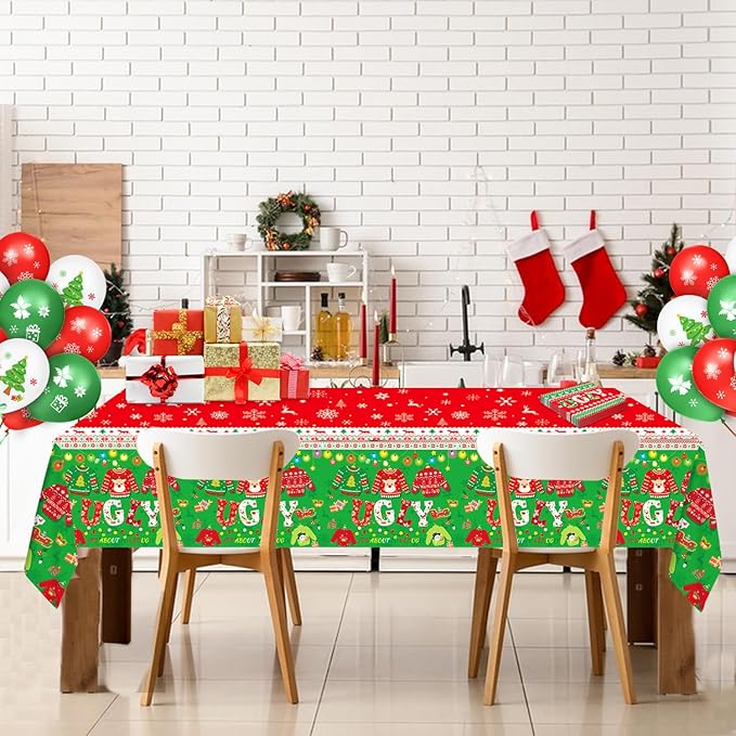 3 Pieces Christmas Tablecloth Plastic Ugly Sweater Table Cover for Ugly Sweater Party Decorations Christmas Party Supplies, 54x108 inch