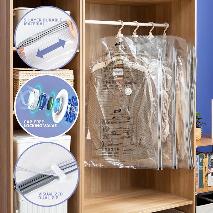 Hanging Vacuum Storage Bags, 4 Pack (41.3 x27.6 inch), Vacuum Seal Bags for Clothing, Space Saver Garment for Short Clothes, Jacket, Suits, Dresses, Closet Oragnization and Storage