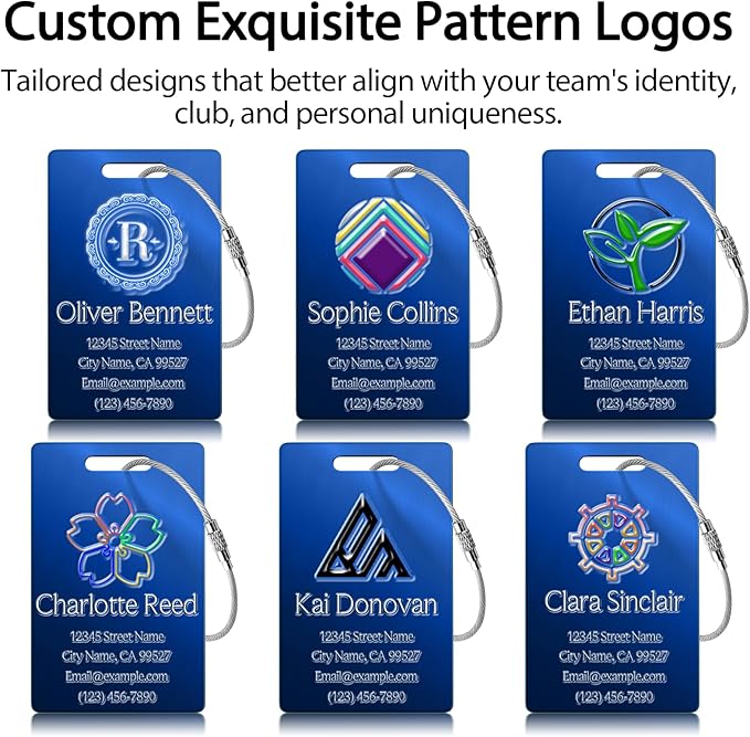 Personalized Luggage Tags - Custom Metal Luggage Tags for Suitcases, Backpacks and Bags with Your Personalized Club Logo Text (Blue)