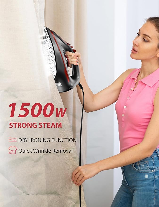 Steam Iron for Clothes 15s Fast Heat-up, 1500W Iron with 13.21oz Water Tank, Non-Stick Ceramic Soleplate, Anti-Drip, Auto-Off, Burst Steam, Self-Cleaning, Ironing Clothes for Home