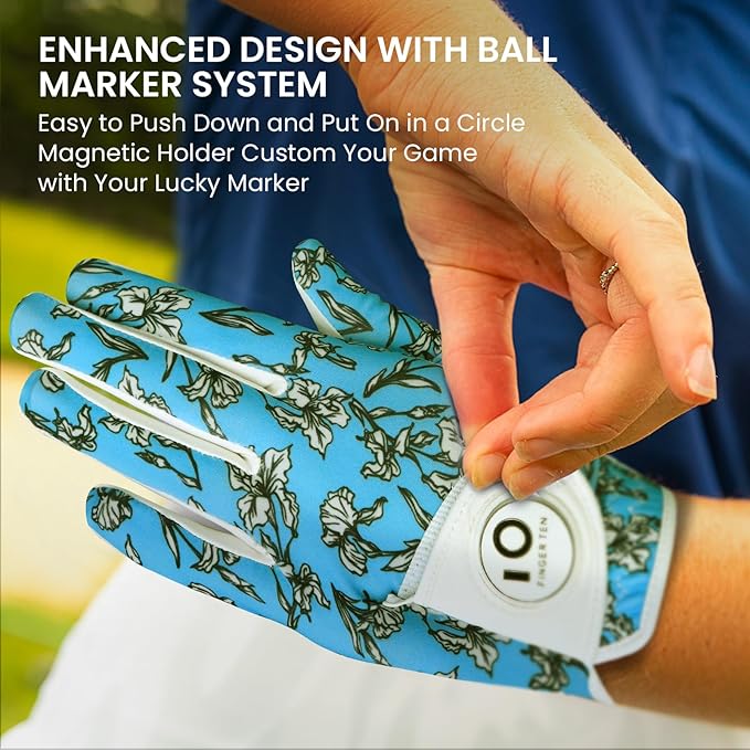 FINGER TEN Stylish Golf Gloves Women with Ball Marker 1 Pack for Left or Right Hand, Breathable Glove with Fashion Patterns for Ladies Right Left Handed Golfer