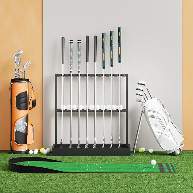 Wooden Golf Club Rack, Golf Club Holder Stand Floor Display, Premium Golf Putter Stand Organizer for Indoor and Outdoor Use, Home, Garage, Golf Simulator Accessories for 8 Clubs and 11 Balls