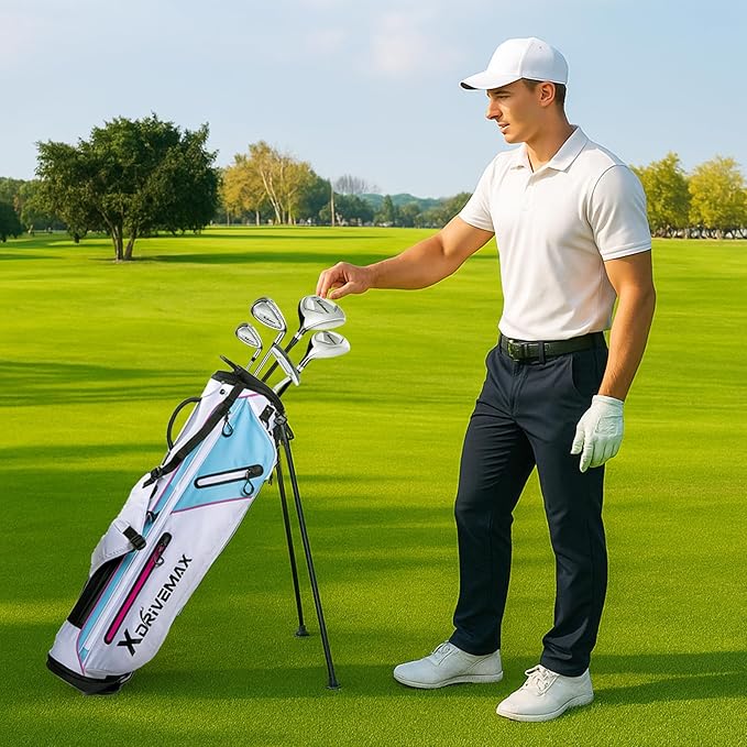 Golf Stand Bag, Lightweight Golf Bag with Stable Stand,Compact Design Featuring Easy-Carry Shoulder Straps, 4-Way Top, Essential Storage Pockets