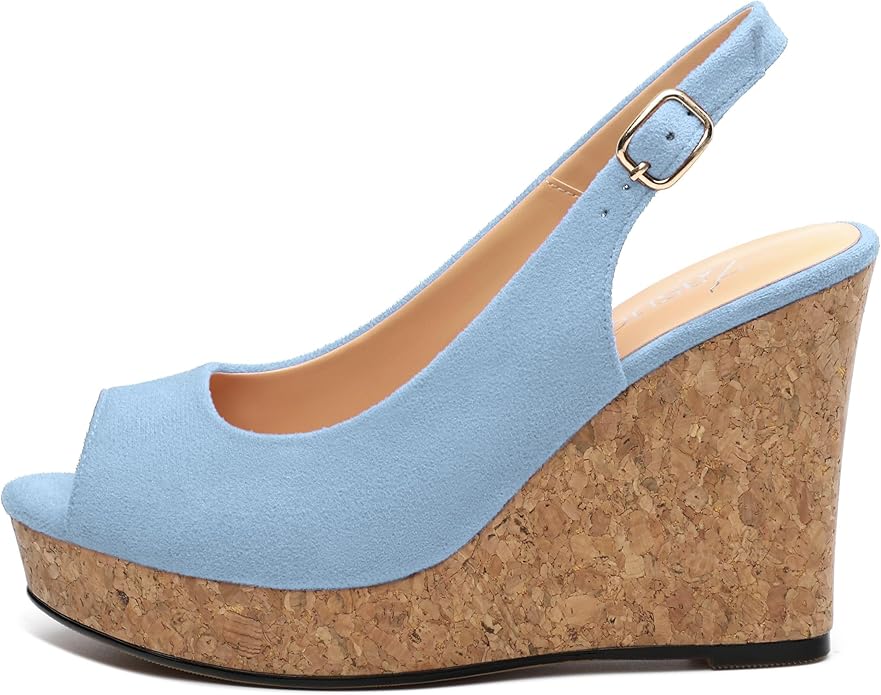 Womens Wedge Platform Sandals Peep Open Toe Slingback Buckle High Heel Dress Shoes Pumps Suede 3.94 Inch