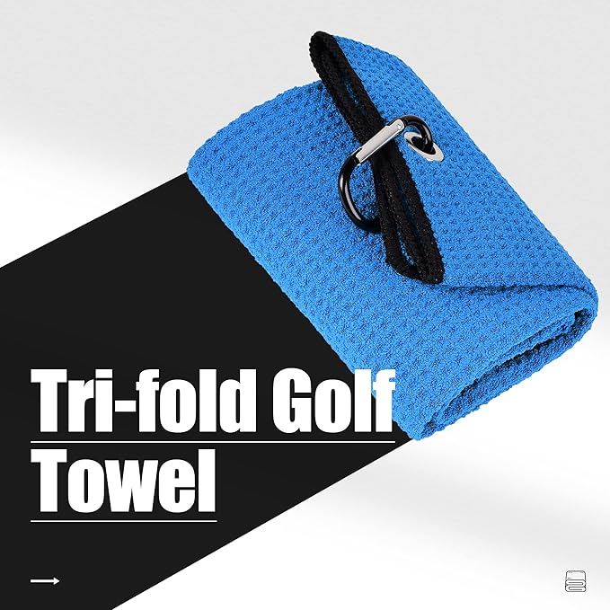 Mile High Life Tri-fold Golf Towel | 16" X 24" | Premium Microfiber Fabric | Waffle Pattern | with Heavy Duty Carabiner Clip | for Men and Women (Blue)