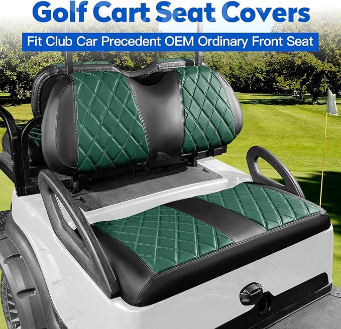 NOKINS 4PCS Golf Cart Seat Covers Kit, Front and Rear Seat Covers Fits Club Car Precedent Standard Seat Cushion, Club Car Vinyl Seat Covers Accessories, No Staples (Dark Green&Black)