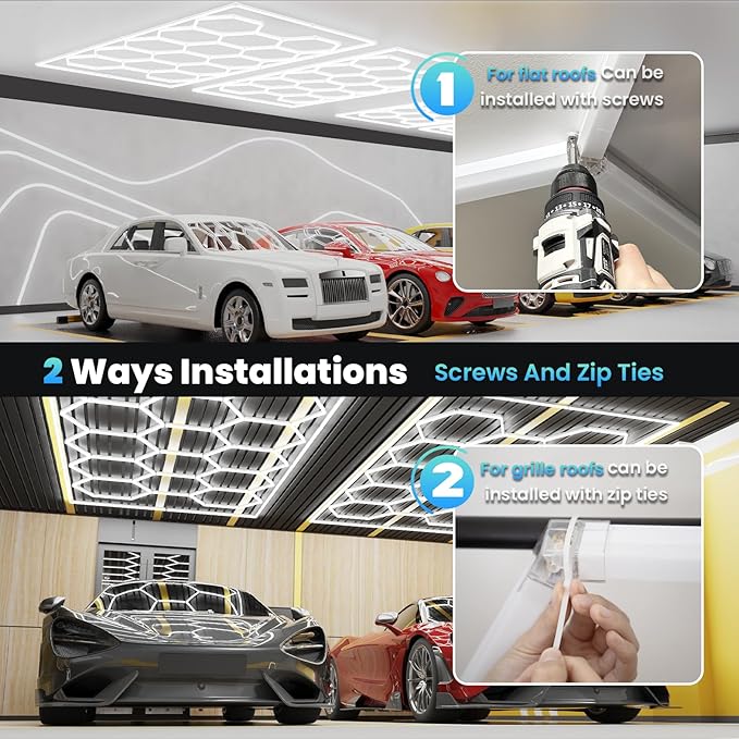 Ultra Bright Hexagon Garage Lights.720W 86400LM 6500K Hexagon LED Light Garages with Rectangle Frame.14 Grid Honeycomb Hex Led Lights System for Garage,Car Detailing Shop, Basement,Warehouse