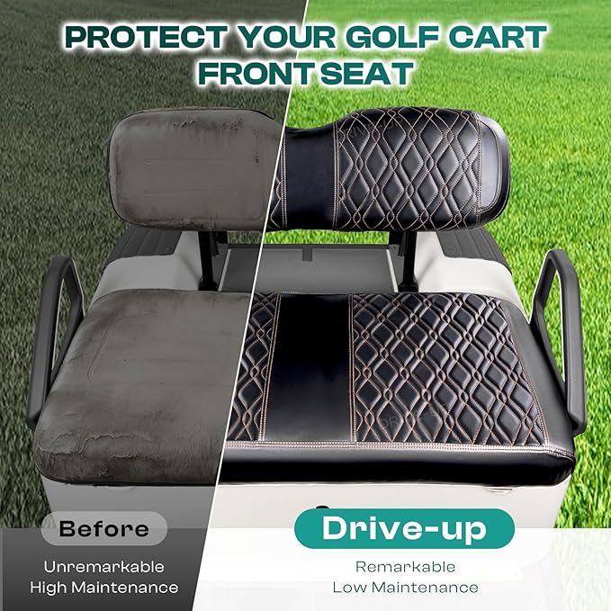 Drive-up Black Golf Cart PVC Seat Covers, EZGO TXT Leather Front Seat Covers with Brown Stitching, Diamond Cross Pattern, Adjustable Buckle