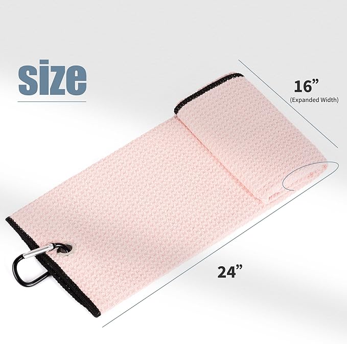 Mile High Life Tri-fold Golf Towel | 16" X 24" | Premium Microfiber Fabric | Waffle Pattern | with Heavy Duty Carabiner Clip | for Men and Women (2 Pack Pink)