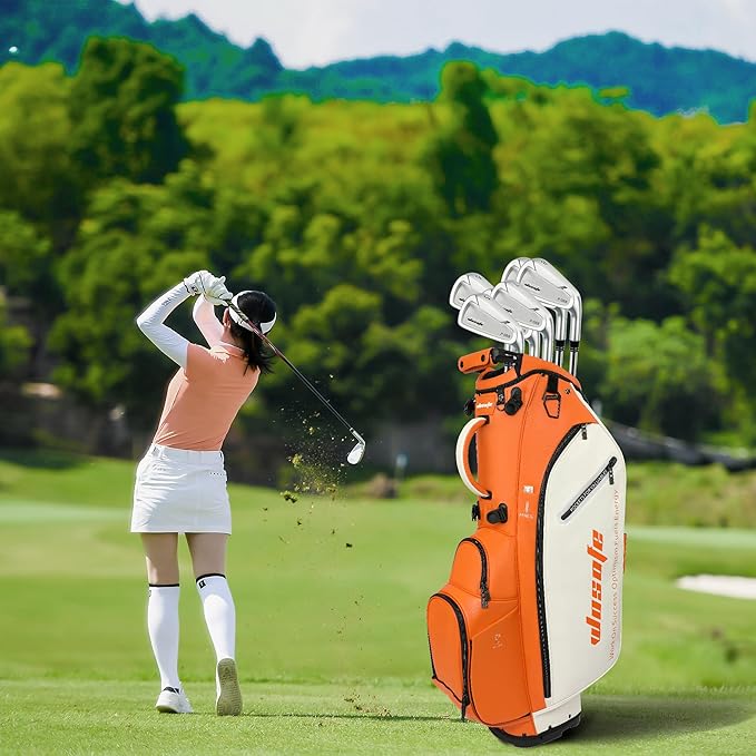 Lightweight 14-Way Golf Stand Bag, PU Leather Golf Bag Waterproof Men Women Full Length Top Dividers, Multiple 8 Pockets Cooler Pouch Adjustable Detachable Shoulder Dual Straps Rain Cover Hood