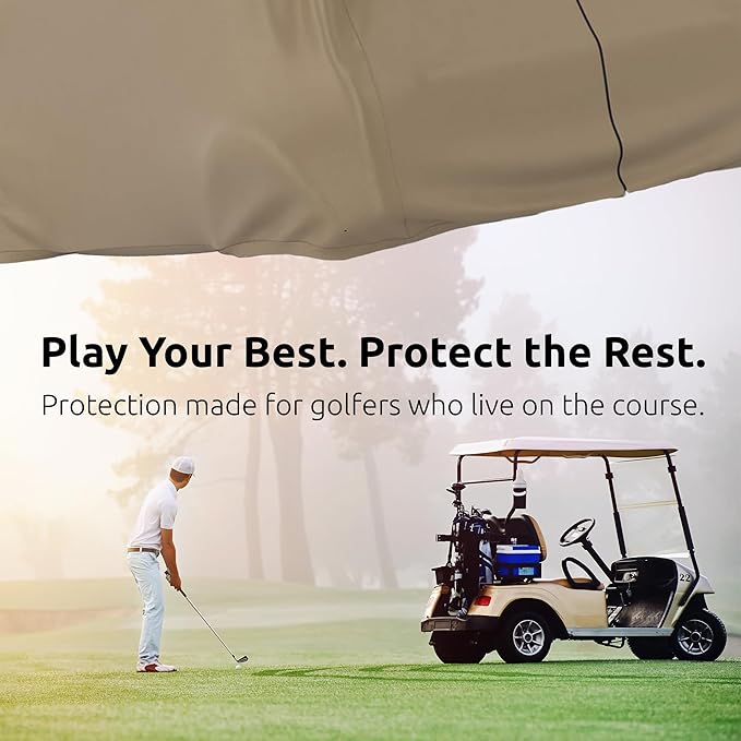 AllGuard Weatherproof Golf Cart Cover, Heavy Duty Polyester, Protects from Rain, Sun, UV & More - Tan (Fits Length: Up to 86")
