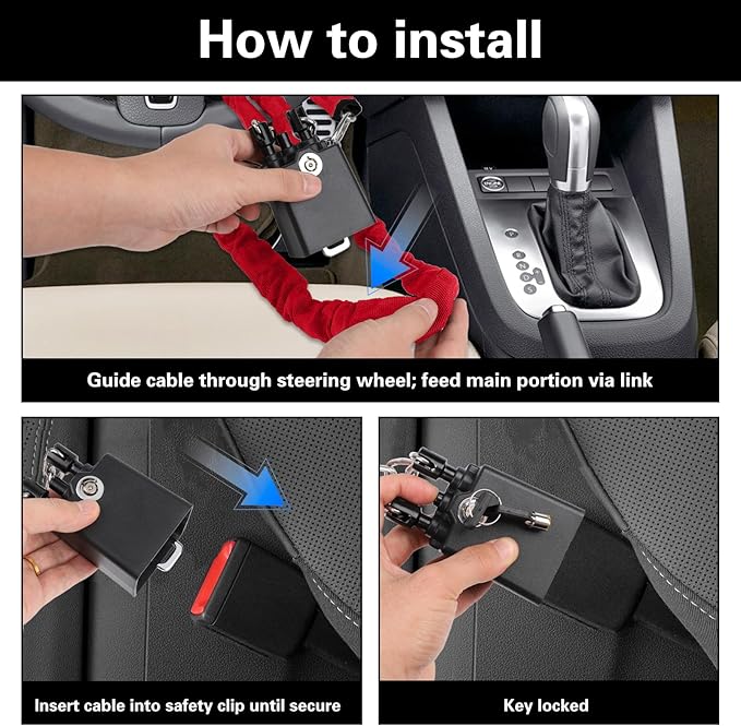 Universal Cars Steering Wheel Lock, Seat Belt Lock, Club Steering Wheel Lock, Lightweight & Portable, Car Security Anti-Theft Device Fits Most Vehicles, SUVs, Golf Carts, Includes 2 Keys (Red)