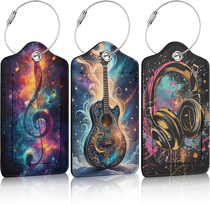 3 Pack Music Note Luggage Tags for Suitcase Headphone Guitar PU Leather Travel Luggage Tag Privacy Cover ID Label for Women Men Baggage Backpack Handbag School Bag