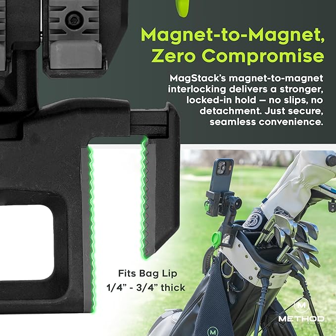 Method Golf CarryStack Golf Bag Phone Holder – Heavy Duty Magnetic Phone Mount for Most Smartphones with Magnetic Range Finder Strap- Full Rotation Open Face Design Converts Any Bag into a Tripod