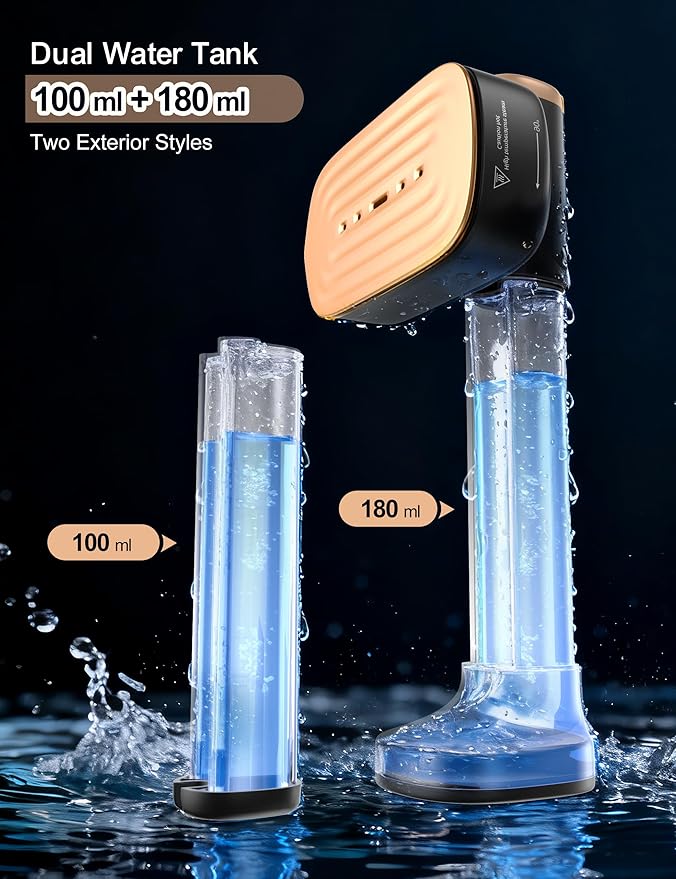 Travel Steamer for Clothes with 2 Water Tanks (180 ml and 100 ml),15s Fast Heat-up,24 g/min Strong Steam Performance, Portable Garment Steamer with Touch Control, LED Display, Steam Iron(Black)