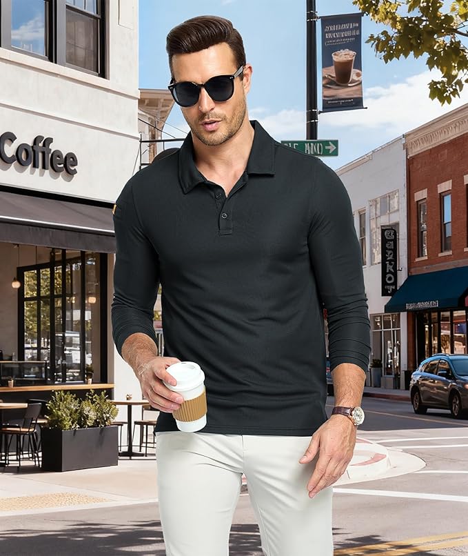 Men's Long Sleeve Polo Shirts 3 Button Down with Pocket Classic Golf Breathable Solid Color Designed Collared Casual Tee