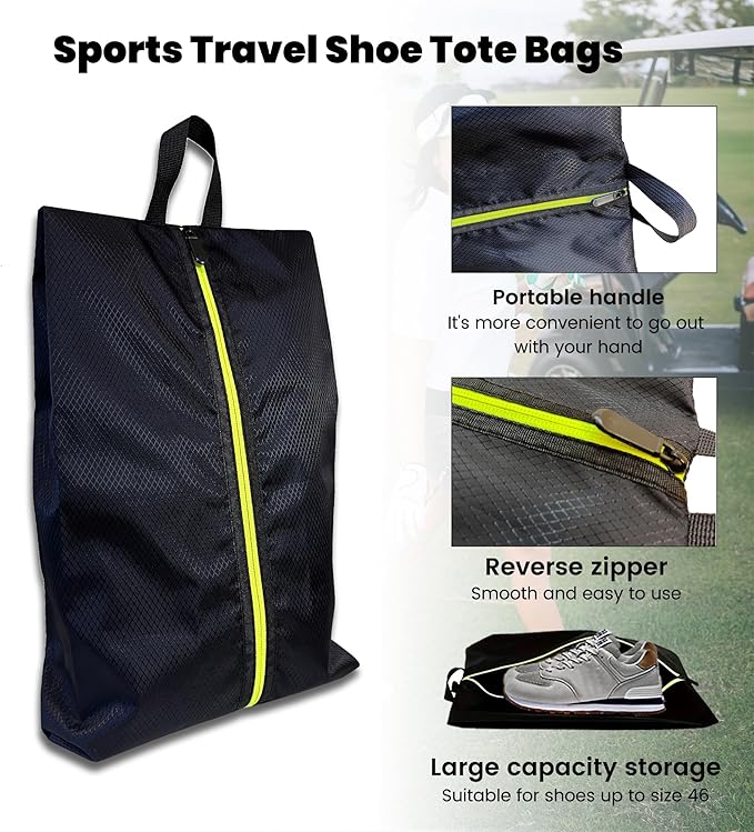 Golf Smell Proof Shoe Bag Lightweight Waterproof Zippered Sport Shoe Carrier Bags Golf Soccer Shoe Storage Organizer for Gym Sports Travel Work Golf Aceesories (Black, US size 14)