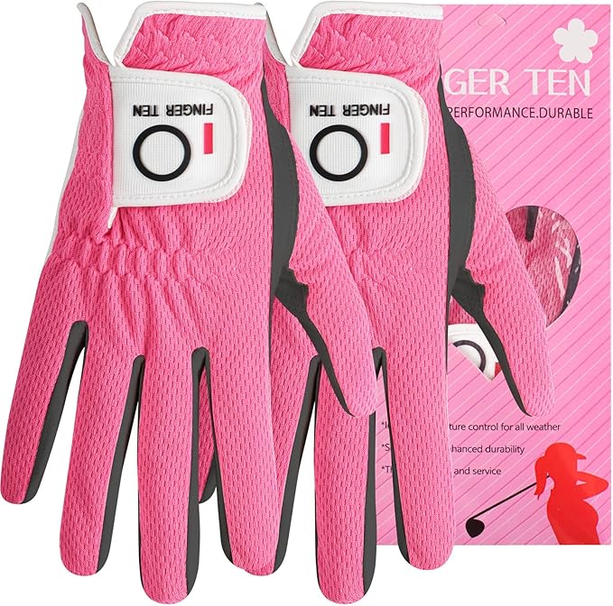 FINGER TEN Womens Golf Glove Right Handed Golfer Left Hand Rain Grip Hot Wet All Weather Value 2 Pack, Golf Gloves Breathable Flexible for Ladies Women