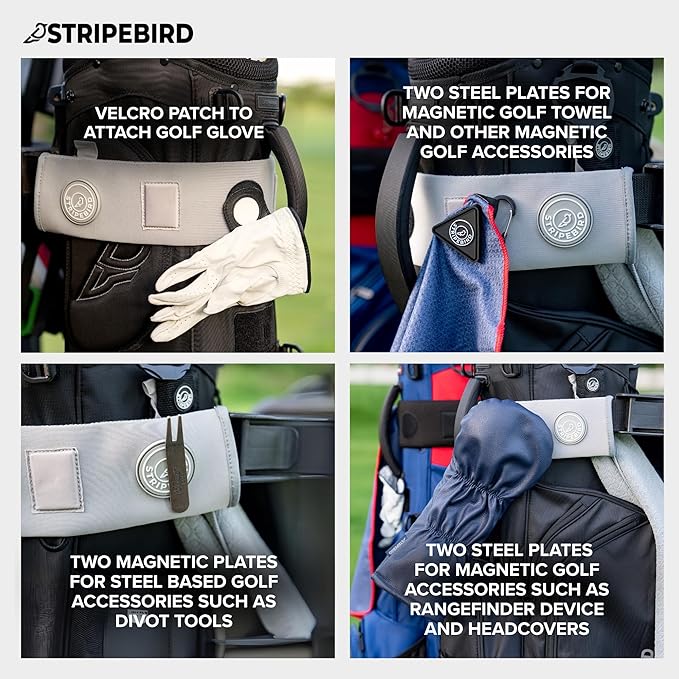 Stripebird - Premium Golf Cart Strap Sleeve Protector - Save Your Golf Bag from Golf Cart Straps - Includes Magnetic and Steel Plate for Magnetic Golf Accessories
