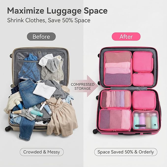 6 Set Compression Packing Cubes for Travel, Large Medium Small Luggage Organizers, Storage Bags for Clothes and Essentials (6 Pack, Rose Red)