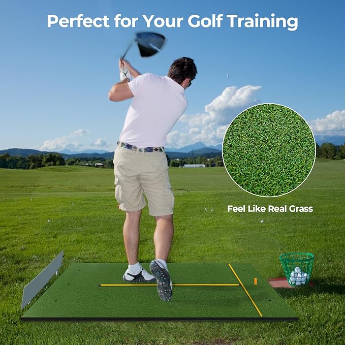 Goplus Golf Mat, 5x3ft/5x4ft Golf Hitting Mat 20/25/27/32mm Thick w/2 Alignment Sticks & 2 Golf Tees, Portable Artificial Turf Grass Training Mat Practice for Indoor Outdoor