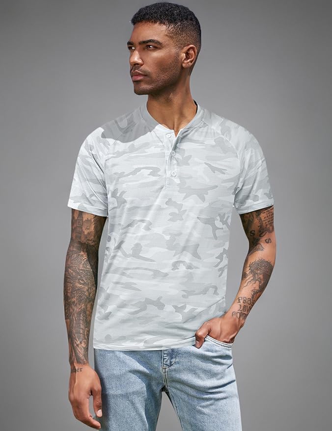TAPULCO Mens Collarless Golf Shirts Short Sleeve Dry Fit Stretch Casual Breathable Lightweight Tshirts